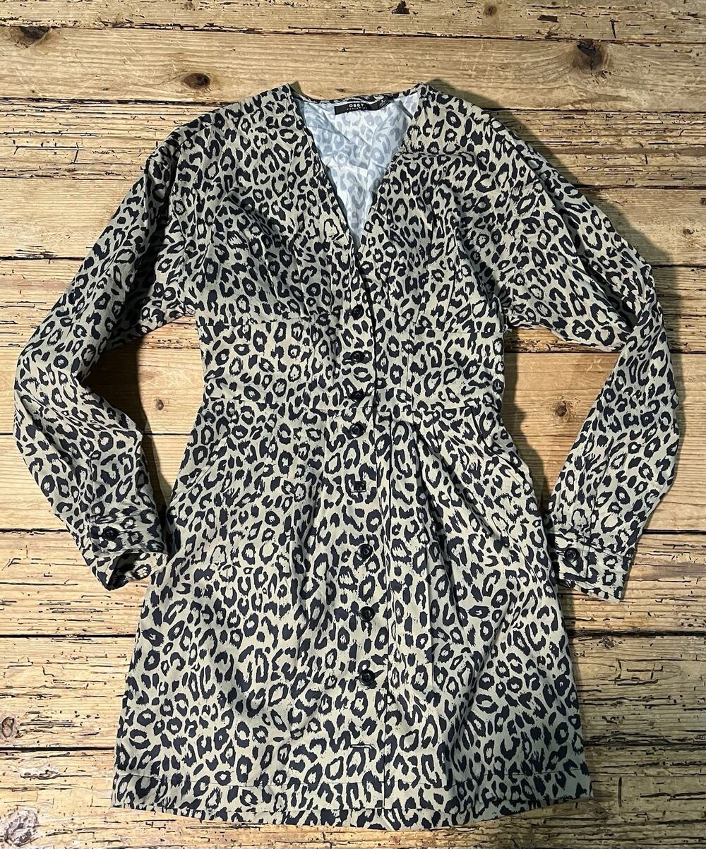 Obey Worldwide Women’s Size S Khaki Leopard Print Sienna Dress NWT